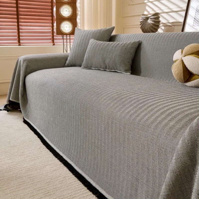 All-Season Universal Full Coverage Non-Slip Couch Imitation Llinen Solid Couch Camping Blanket Vintage Wave Pattern Sofa Cover